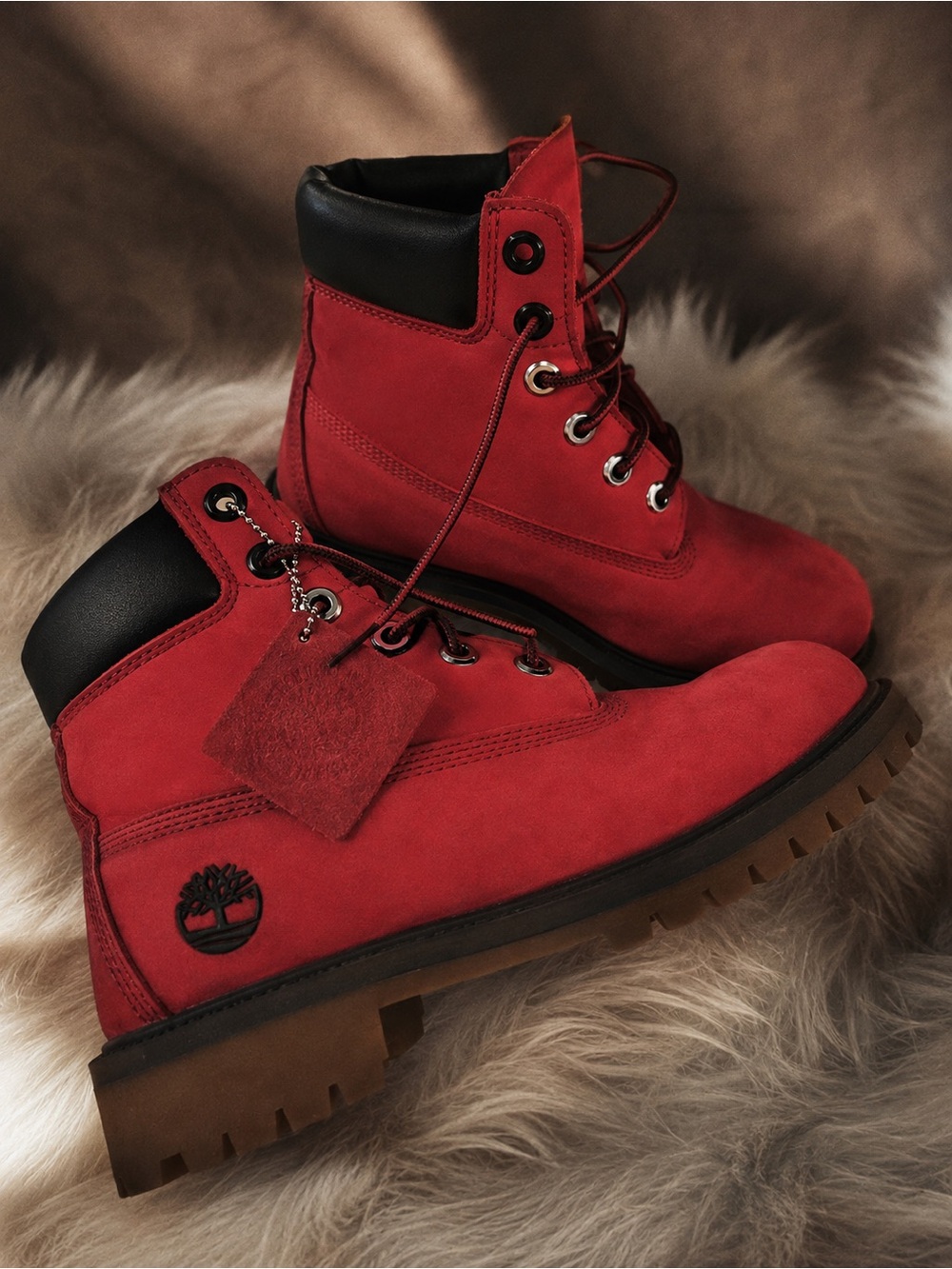 Timberland Kids Red Suede Lace-Up Boots with Black Collar